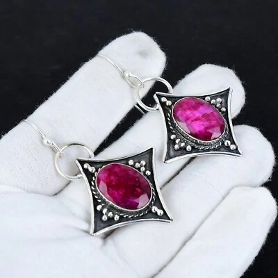 Kashmir Ruby Lab-Created Gemstone Designer Dangle Earring 925 Sterling Silver - Image 1 of 4
