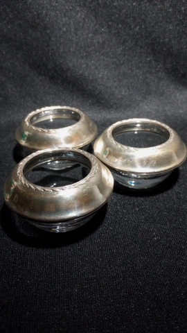 Set Of 3 Vintage Fine Arts Sterling Open Salt Cellars Dips Silver Crystal Glass Cover