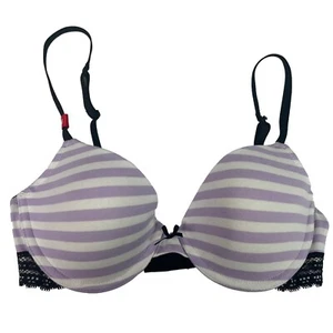 So Intimates Demi Underwire Jersey Bra Purple Stripe Bow Black Lace 36B - Picture 1 of 12