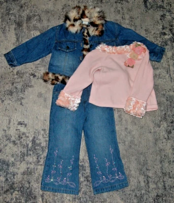 Chaqueta de mezclilla a juego con camisa rosa de piel de piel de piel de piel de piel de pelaje talla 2T excelente estado para niñas Foto 1 de 4