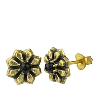 Brass Stone Crystal Stud Earrings Gold Flowers 0 3/8in - Image 1 of 4