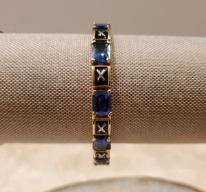 HSN TECHNIBOND EMERALD CUT LONDON BLUE TOPAZ ENAMEL BRACELET YG / 925 SZ 7 1/4" - Picture 1 of 6