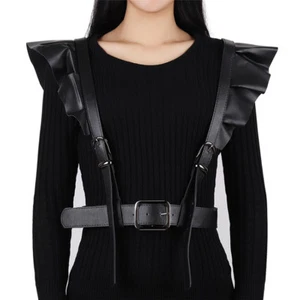 Faux Leather Harness Waist Belt Frill Shoulder Straps Punk Suspenders Black Chic - Picture 1 of 9