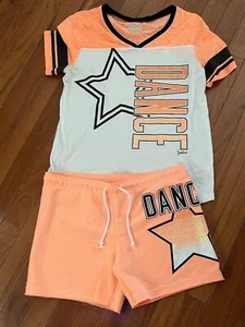 Justice Junior Girls Peach White Black Dance Star Top and Shorts Outfit Size 18 - Picture 1 of 9