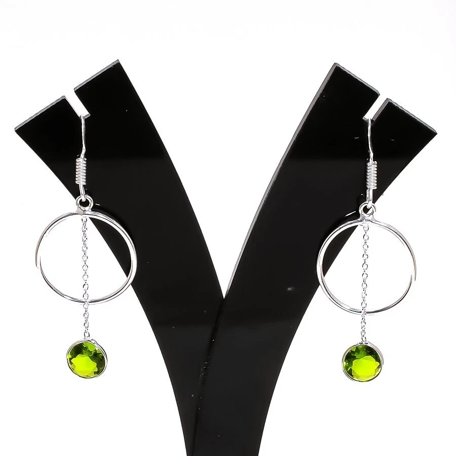 Green Peridot Gemstone Handmade 925 Sterling Silver Jewelry Earring Size 1.6" - Image 1 of 1
