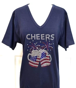 1X 2X 3X Top Strass Glitzer Patriotisch Cheers Bier Flagge kurz oder 3/4 Arm - Bild 1 von 13