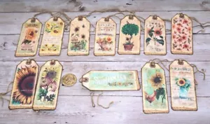 12~Vintage~Sunflowers~Garden~Junk Journal~Linen Cardstock~Gift~Hang~Tags - Picture 1 of 1