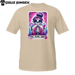 True Crime Junkie T-Shirt | Gothic Skeleton Tarot Design | Wine & Mystery Tee - Picture 1 of 33