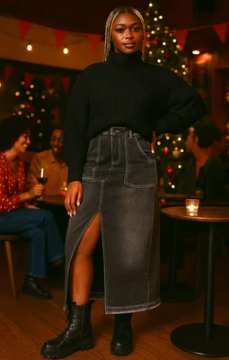 Maxi falda Miss Selfridge para mujer con detalle de bolsillo en negro lavado con punto en contraste Foto 1 de 4