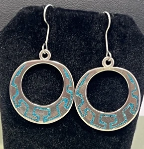 Vintage Ohrringe Geometrisch Azteken Design Türkis Inlay 925 Silber Rund Kreis - Bild 1 von 10
