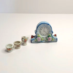 Vintage Occupied Japan Miniature Mantel Clock & Tea Set Porcelain Figurine Doll - Picture 1 of 8