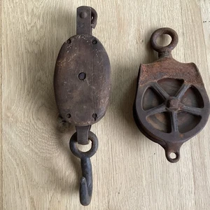 2 Antique Large Barn Wood + Iron Blocks Hoist Pulley Rustic Farm Industrial - Picture 1 of 12