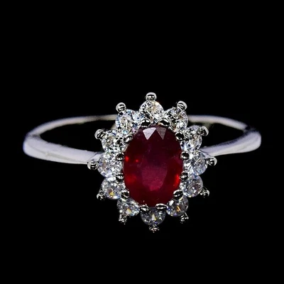 GENUINE AAA BLOOD RED RUBY OVAL & WHITE CZ STERLING 925 SILVER RING SIZE 7.5 - Image 1 of 4