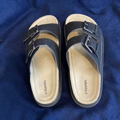 Sandálias cunha de cortiça femininas tamanho 10 preto camurça-like parte superior nova B 1 B $ - Imagem 1 de 4