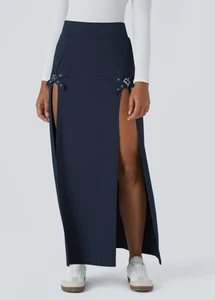 Halara High Waisted Decorative Buckle Split 2-in-1 Maxi Casual Skirt Sz M BLUE - Picture 1 of 13