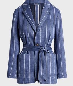 Polo Ralph Lauren Belted Stripe Linen-Blend Navy Blue Blazer Size 14 / US 10 NWT - Picture 1 of 11