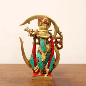 Krishna Statue Brass Om Sculpture Hindu Home Decor Gift Temple Deity Puja Idol - Picture 1 of 5