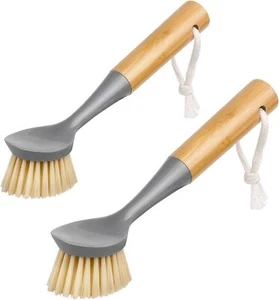 Dish Brush with Bamboo Handle Built-in Scraper Kitchen Sink Cleaning Pack of 2 - Picture 1 of 7
