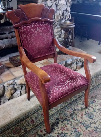 Beautiful Antique Maple Wood Parlor Accent Chair with Original Metal Wheels Cover