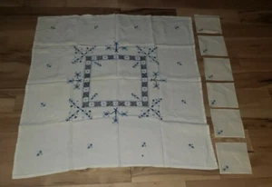 Vtg. tablecloth White blue crotchet embroidered floral square 40x38 napkins MCM  - Picture 1 of 10