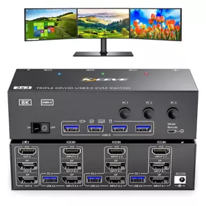 Commutateur KVM HDMI + 2 DisplayPort 3 moniteurs 3 ordinateurs 8K@60Hz 4 ports USB 3.0 - Photo 1/27