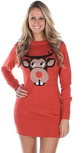 Womens Red Tipsy Elves Ugly Xmas Christmas Bucktooth Rudolph Sweater Dress Large - Picture 1 of 2