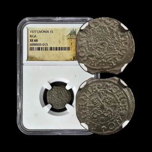 LIVONIA. 1577, Schilling, Silver - NGC XF40 - Riga, Castle, Crossed Keys Type 4 - Picture 1 of 5