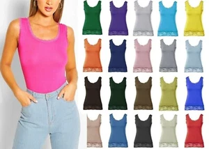 LADIES SLEEVELESS CAMISOLE WITH LACE TRIM VEST - Picture 1 of 1