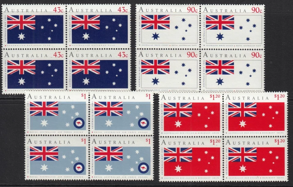 Banderas del Día de Australia 1991 4 bloques diferentes MNH de 4 Sc 1199-1202 SG 1275-8 Foto 1 de 1