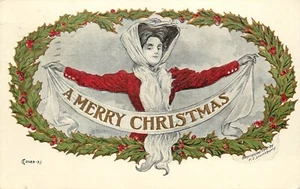 Embossed Christmas Postcard Lounsbury 2028-3 Woman With Banner In Holly Vignette - Picture 1 of 2