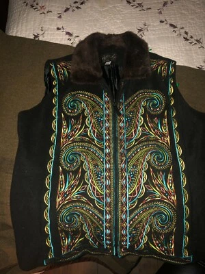 Bob Mackie Usable Arte Forrado Bordado Colorido Vellón Chaleco Cuello Piel Sintética L Foto 1 de 4