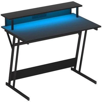 Modern LED Gaming Desk with Power Outlets and Monitor Stand Black HOMCOM - Image 1 of 4