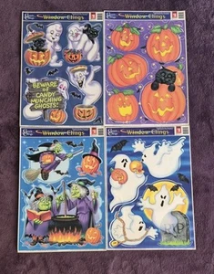 Vintage Halloween Window Clings Decorations Lot Of 4 Sheets Witch Ghost Pumpkin - Picture 1 of 5