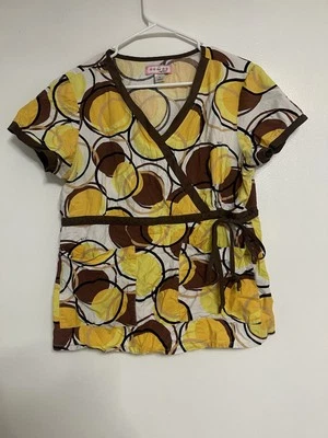 Blusa Koi Scrub padrão círculo amarelo/marrom bolso duplo tamanho grande - Imagem 1 de 3