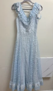 Vintage 1970s ILGWU Union Made Blue Lace Ruffle Sleeveless Maxi Dress USA - Picture 1 of 9