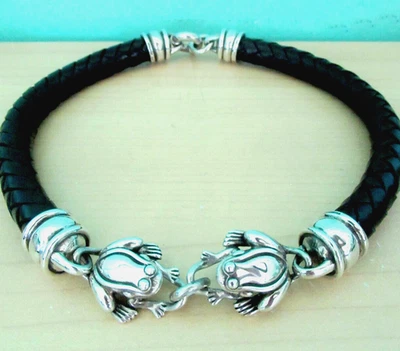 Barry Kieselstein Cord Sterling Silver Frog Black Leather Choker Necklace Mint! - Image 1 of 4