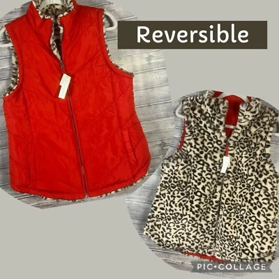 Maurices Womens Size Medium Reversible Vest Puffy Red Quilted and Cheetah Fur - Image 1 of 4
