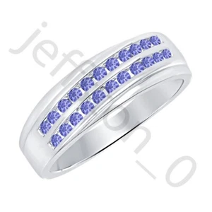 0.90 Ctw Lab Created Tanzanite 14K White Gold Over Two Rows Band Men's Ring - Picture 1 of 5