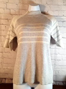 Kinross Cashmere 3/4 Sleeve Mock Neck Soft Sweater Medium Grey White Stripes - Picture 1 of 9