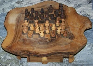 Handmade 13" x 13" Olive Wood Chess Board w/ Storage Drawers for Playing Pieces - Picture 1 of 9