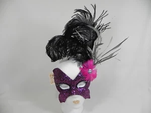 Pier 1 Pink & Black Butterfly Venetian Masquerade Costume Ball Mask w/ Feathers - Picture 1 of 15