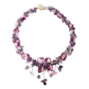 Collar de palanca de piedras y perlas de agua dulce mezcladas moradas con flores lila dulces - Imagen 1 de 3