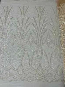 Beaded Design Fabric - Clear - Embroidered Elegant Beads on Mesh Fabric Yard - Picture 1 of 5