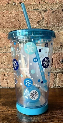 Cool Gear Ornament Snow Globe Tumbler 21 oz Blue with Plastic Straw Lights Up - Image 1 of 4