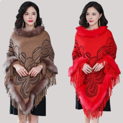 Women Knit Poncho Cape Faux Fur Cape Coat Wedding Wrap Shawl Cloak Sweater - Image 1 of 4