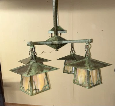 Large 4 Lamp Arroyo Craftsman Mission Carmel Verdigris Patina Chandelier Riveted - Image 1 of 4