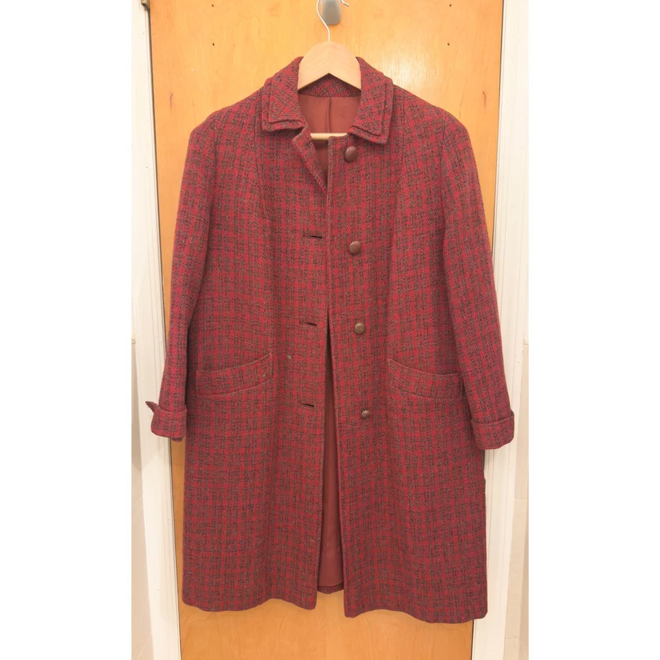Sobretudo Harris tweed feminino vintage década de 1960 100% lã escocesa virgem vermelha - Imagem 1 de 4
