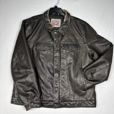 Levis 皮革夹克男式 XL 棕色轰炸机骑手绗缝衬里全拉链休闲 — 第 1/4 张图片
