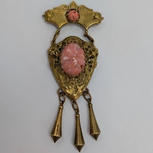 Broche Karu Fifth Ave Rosa Arte Vidrio Renacimiento Victoriano Antiguo Tono Dorado Cuelga - Imagen 1 de 18