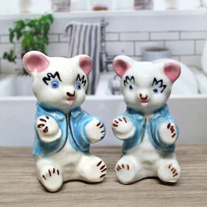 Vintage JAPAN Salt & Pepper Shakers Hand Painted White Bears 2.75" with Corks - Picture 1 of 6